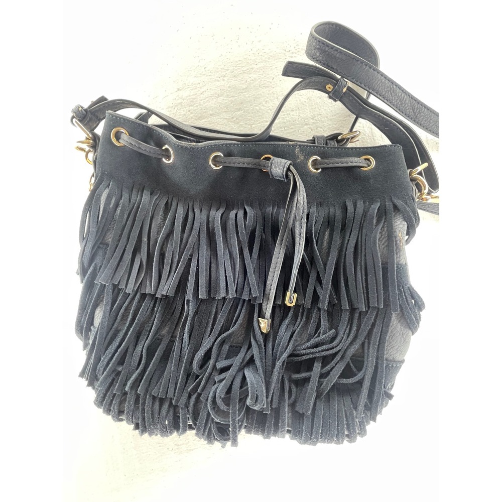 Charlie Angelo O Bucket‎ Bag Fringe Crossbody Purse Drawstring Black Small